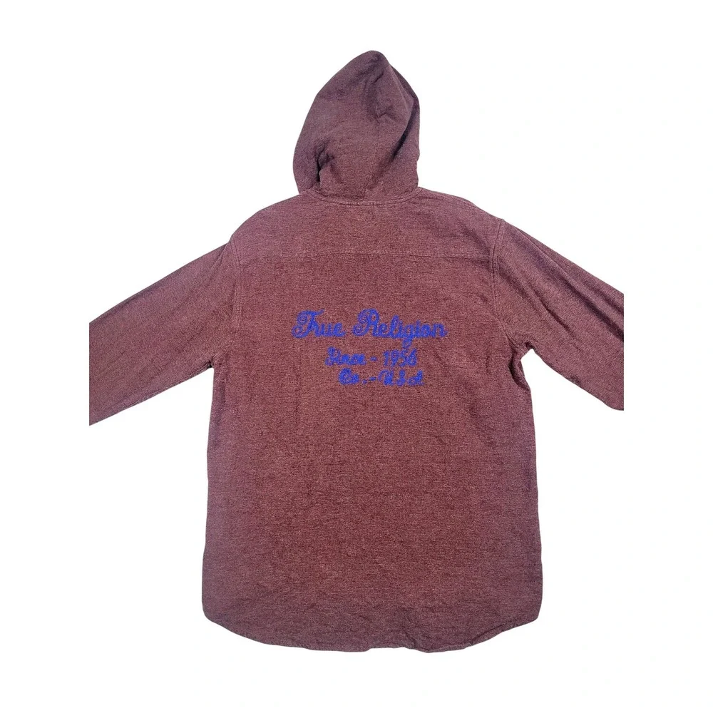 True Religion Hooded Shirt Mens XXL Burgundy Embroidered Logo Button Down Hoodie